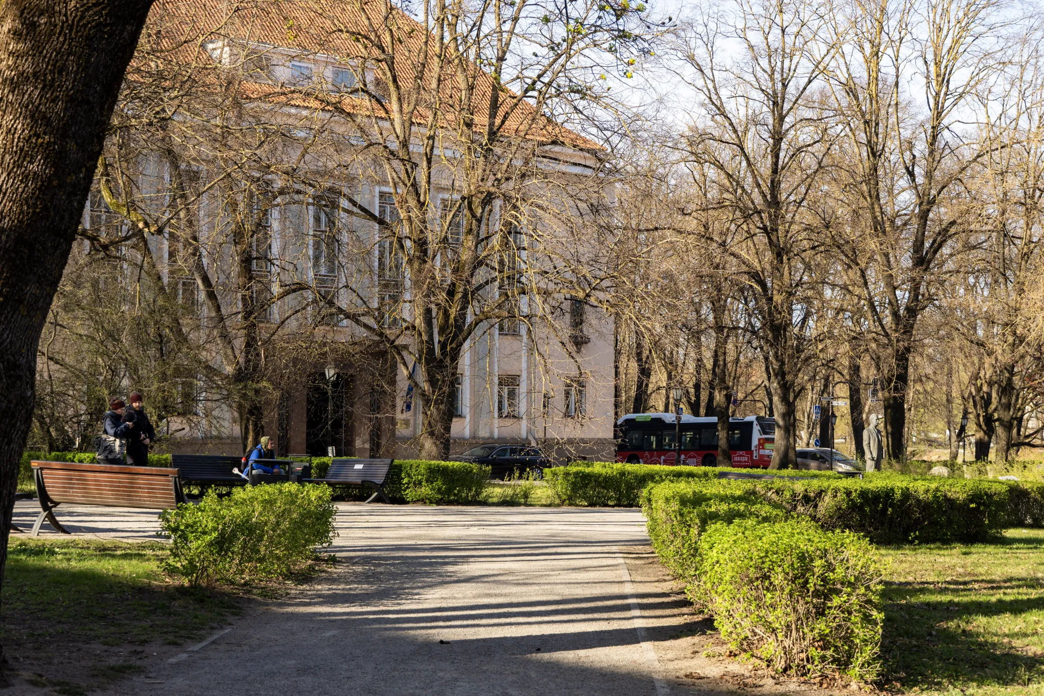  Tartu linnapark varakevadel: puudeäärne kõnnitee, pingid ja korrastatud hekid; taustal ajalooline beež hoone ning jalakäijad ja buss.