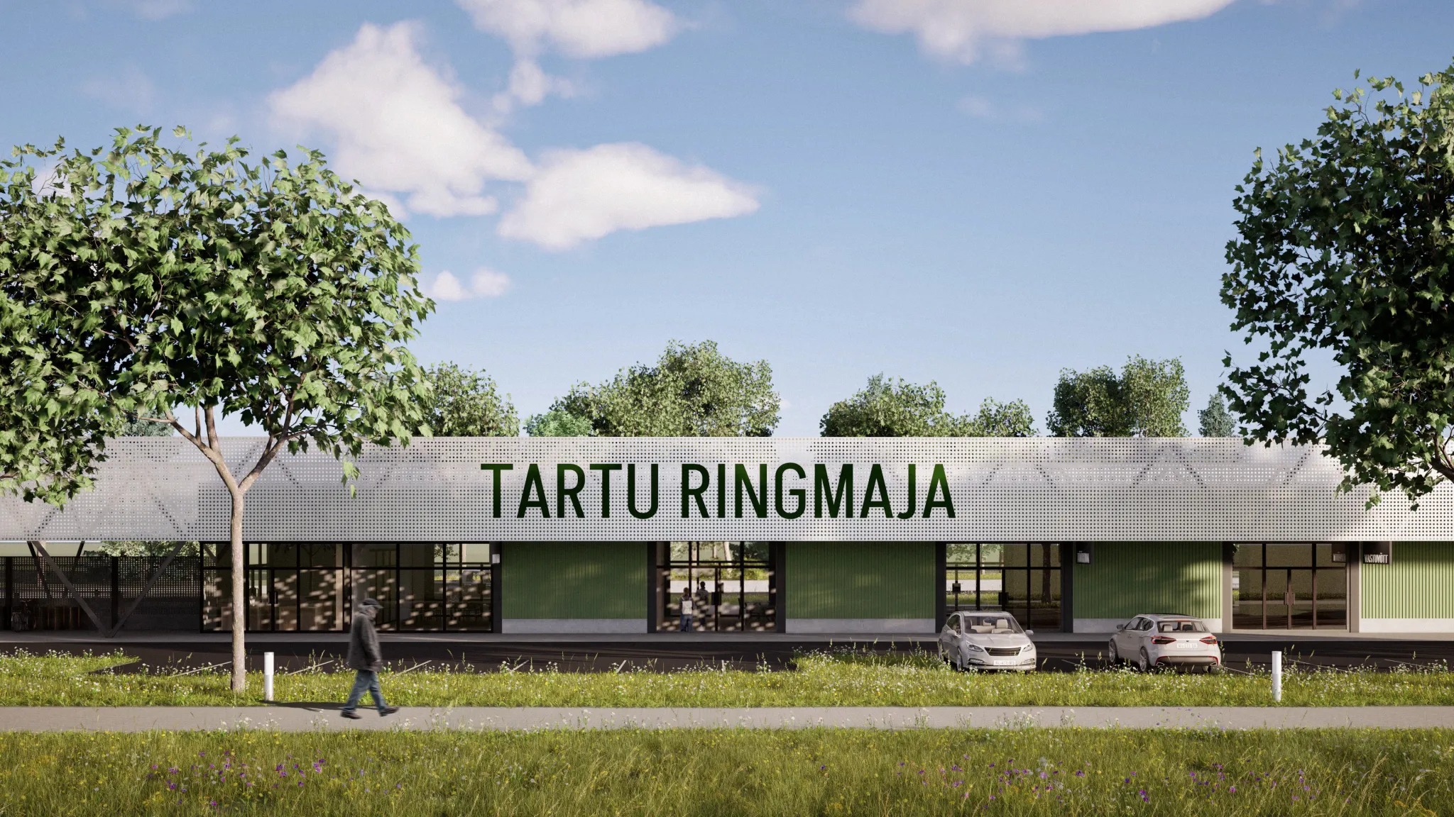 Tartu ringmajanduskeskuse eskiis kujutab ringmajanduskeskuse maja lihtsa arhitektuuriga fassaadi päevasel ajal. Näha on roheline silt "Tartu ringmajanduskeskus"