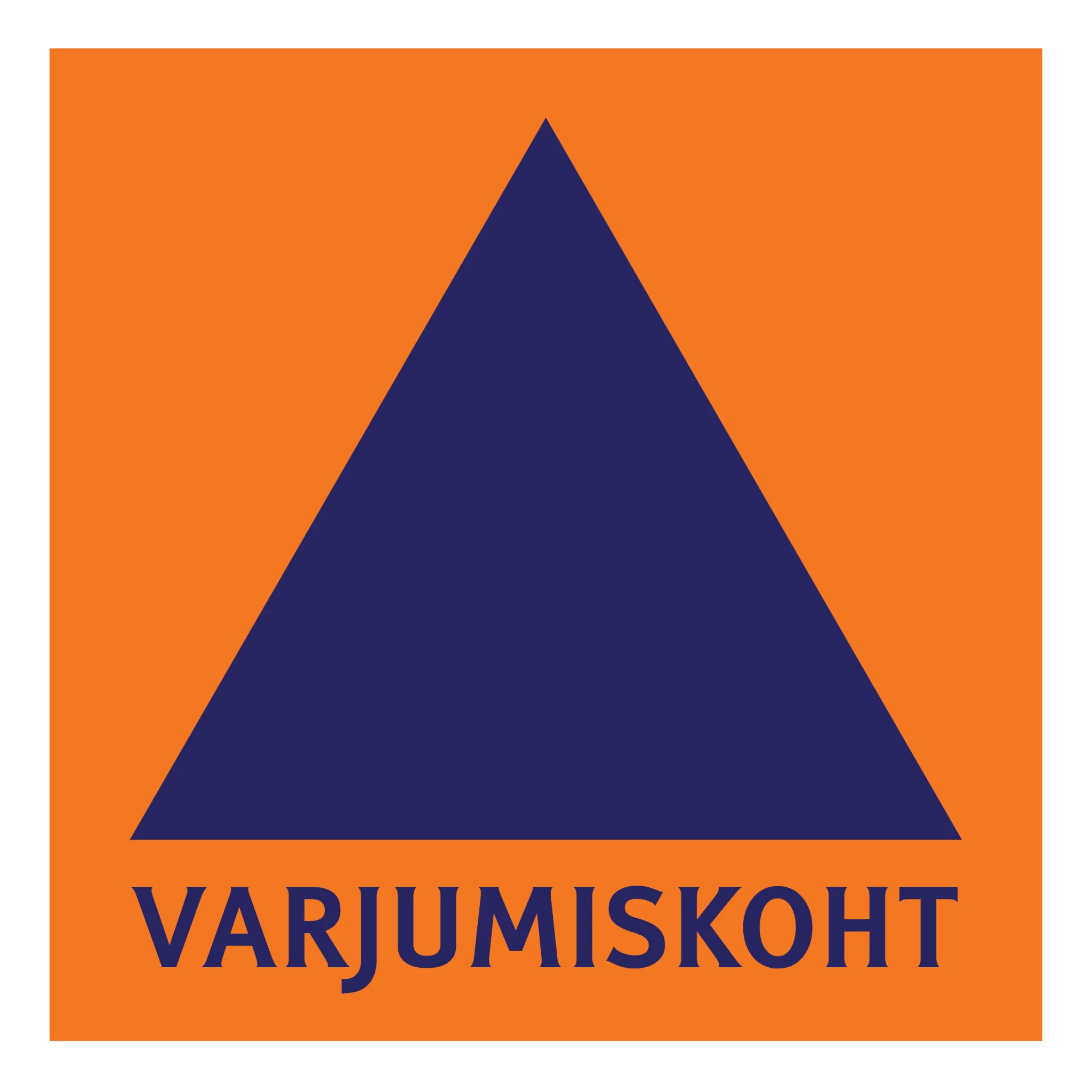 Oranžil taustal on suur tumesinine kolmnurk. Kolmnurga all on suurte tumesiniste tähtedega tekst „VARJUMISKOHT“