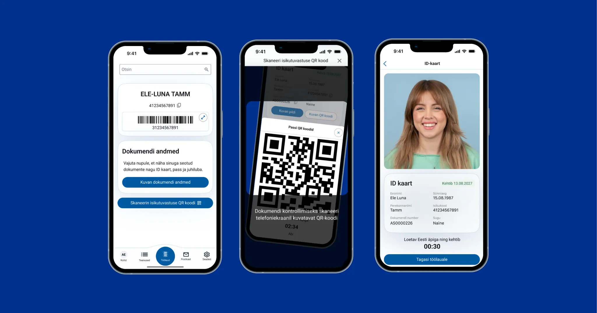 Kolm Eesti äpi vaadet: dokumendiandmete kuvamine, isikutuvastuse QR-koodi skaneerimine ja digitaalse ID-kaardi esitamine.