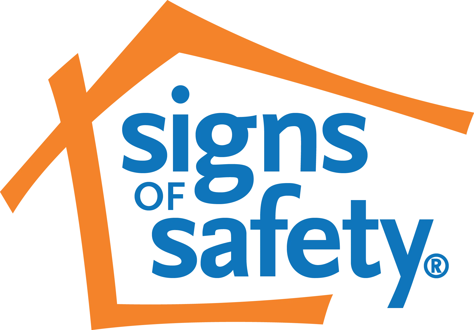 Sinine tekst Signs of safety ümber oraanž maja kujuline joon