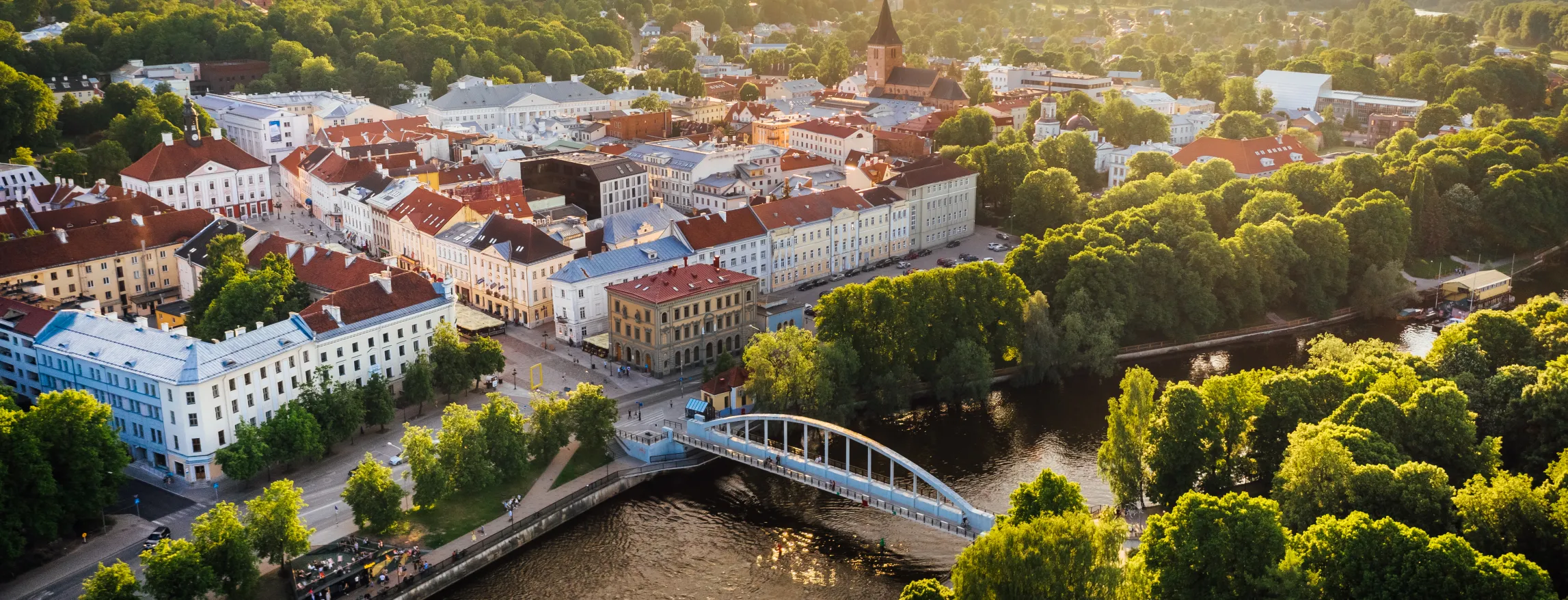 Vaade droonilt, keskmeks kaarsild, vabaduse puiestik ja vanalinn