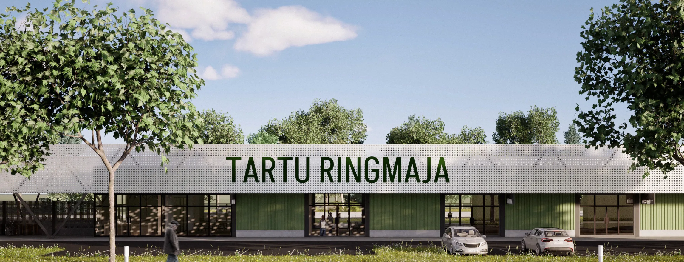 Tartu ringmajanduskeskuse eskiis kujutab ringmajanduskeskuse maja lihtsa arhitektuuriga fassaadi päevasel ajal. Näha on roheline silt "Tartu ringmajanduskeskus"