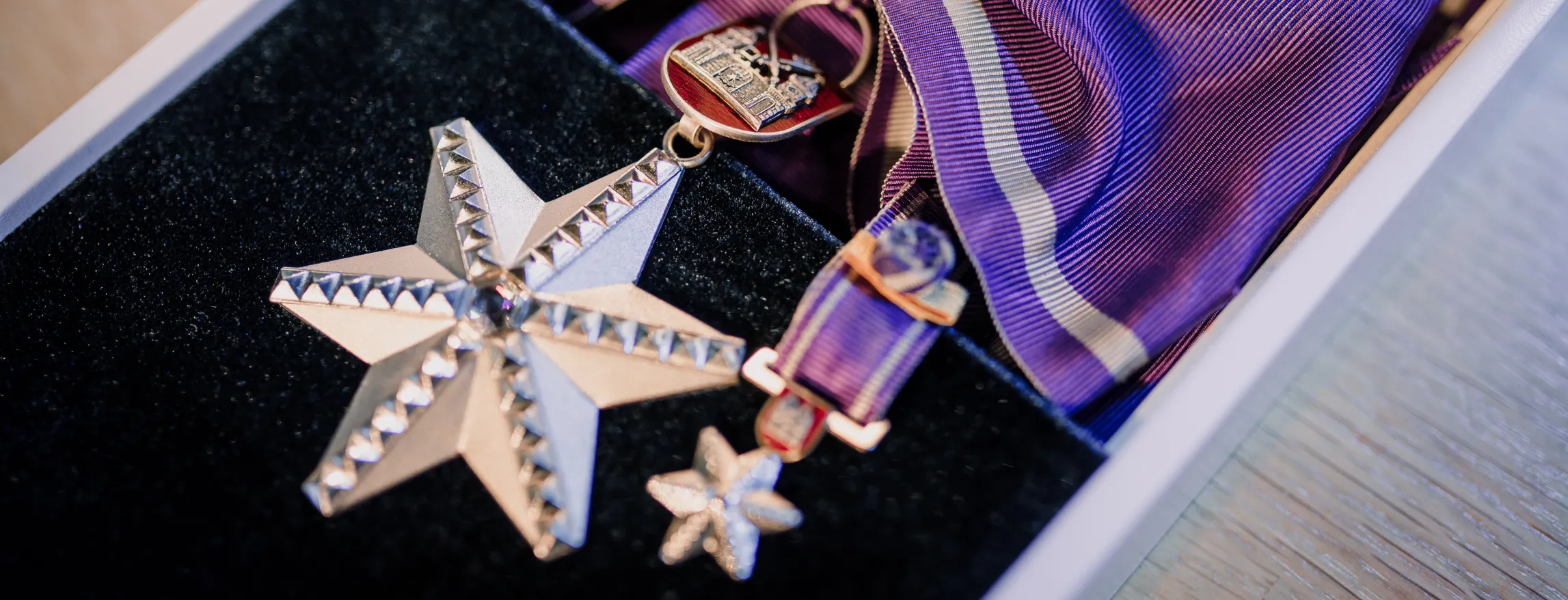  Hõbedane tähekujuline medal koos sädelevate kividega purpur-lilla vibuga, esitluseks avatud karbis musta sametvoodiga.