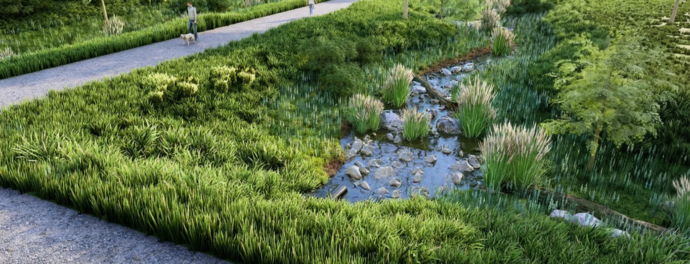 3D visualiseering valmivale viibealale, kus on veega täitunud tiigid ja kõnniteed.