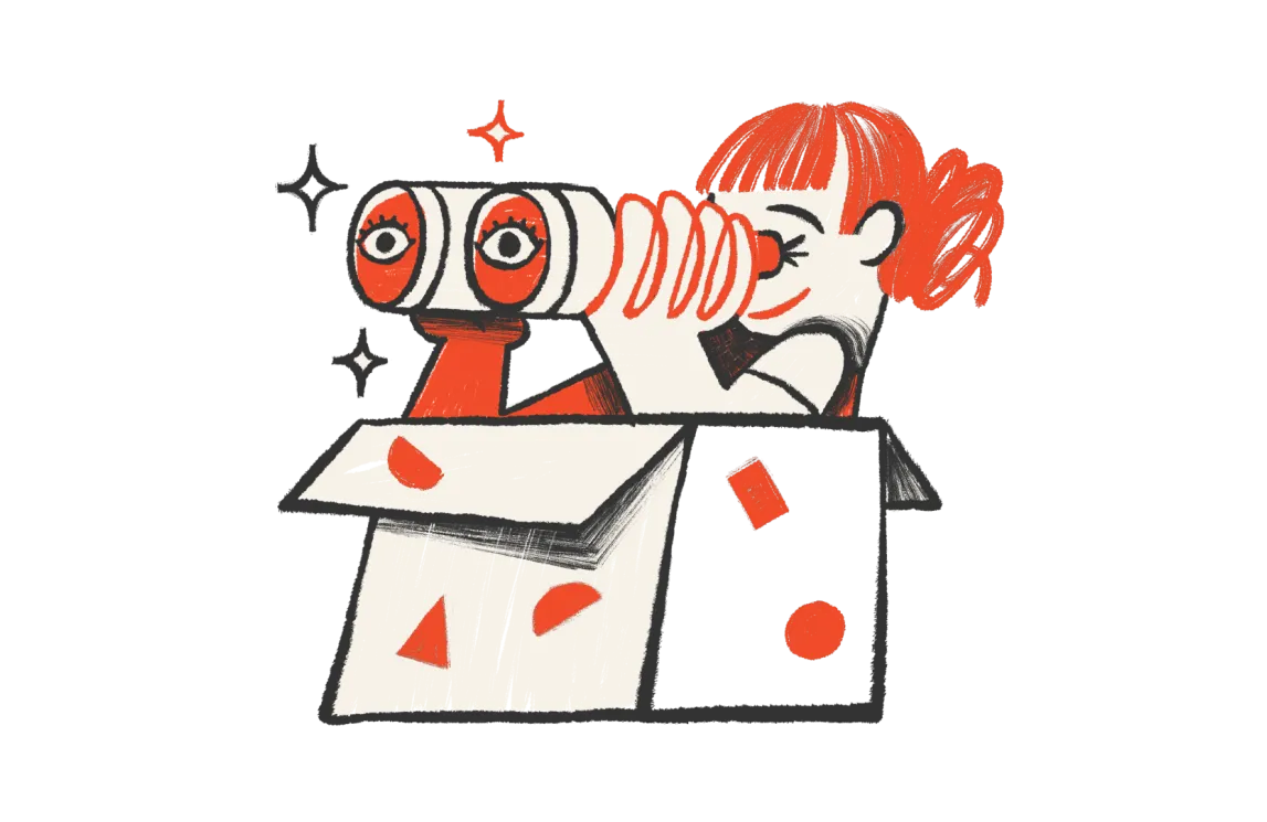 Illustratsioon kasti sees olevast tüdrukust, kes vaatab läbi binoklite.