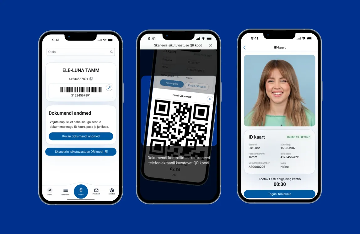 Kolm Eesti äpi vaadet: dokumendiandmete kuvamine, isikutuvastuse QR-koodi skaneerimine ja digitaalse ID-kaardi esitamine.